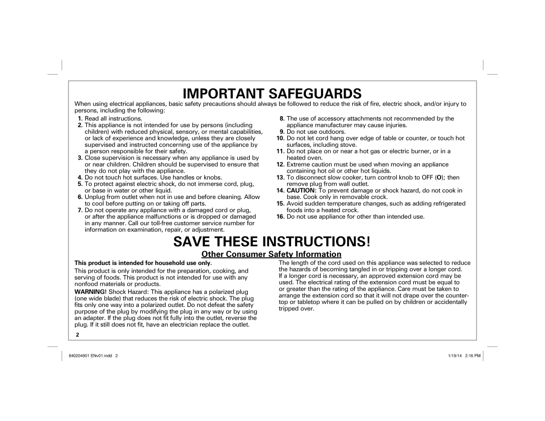 Hamilton Beach 33263, 33354, 33264, 33245 manual Important Safeguards, This product is intended for household use only 