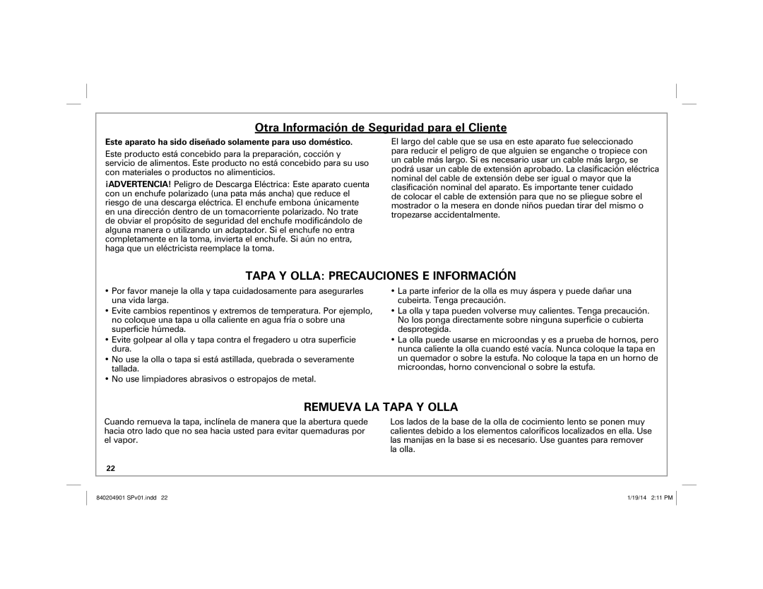 Hamilton Beach 33263, 33354, 33264, 33245 manual Otra Información de Seguridad para el Cliente 