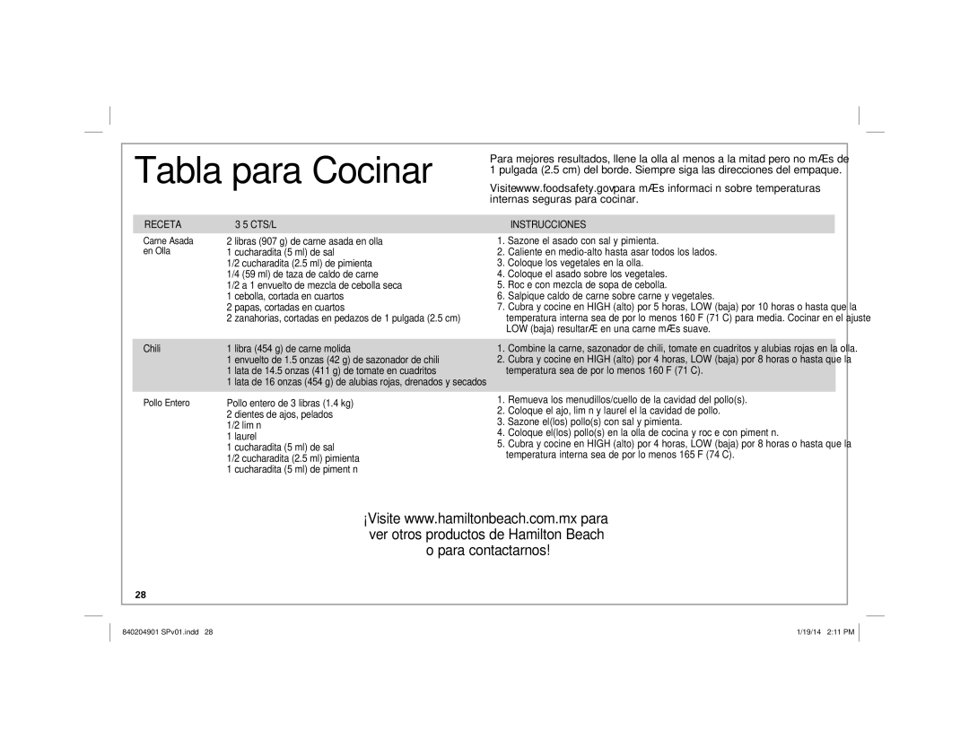 Hamilton Beach 33354, 33264, 33263, 33245 manual Tabla para Cocinar, Receta 