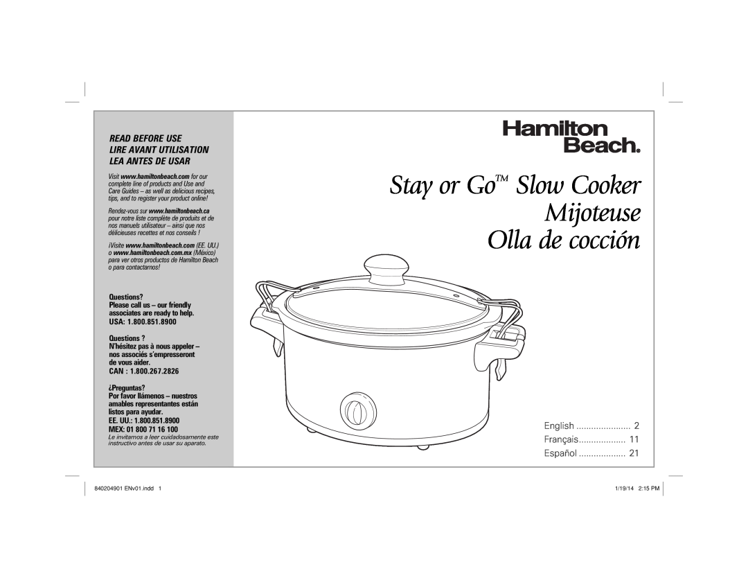 Hamilton Beach 33264, 33354 manual Stay or GoTM Slow Cooker Mijoteuse Olla de cocción, Read Before Use, English, Français 