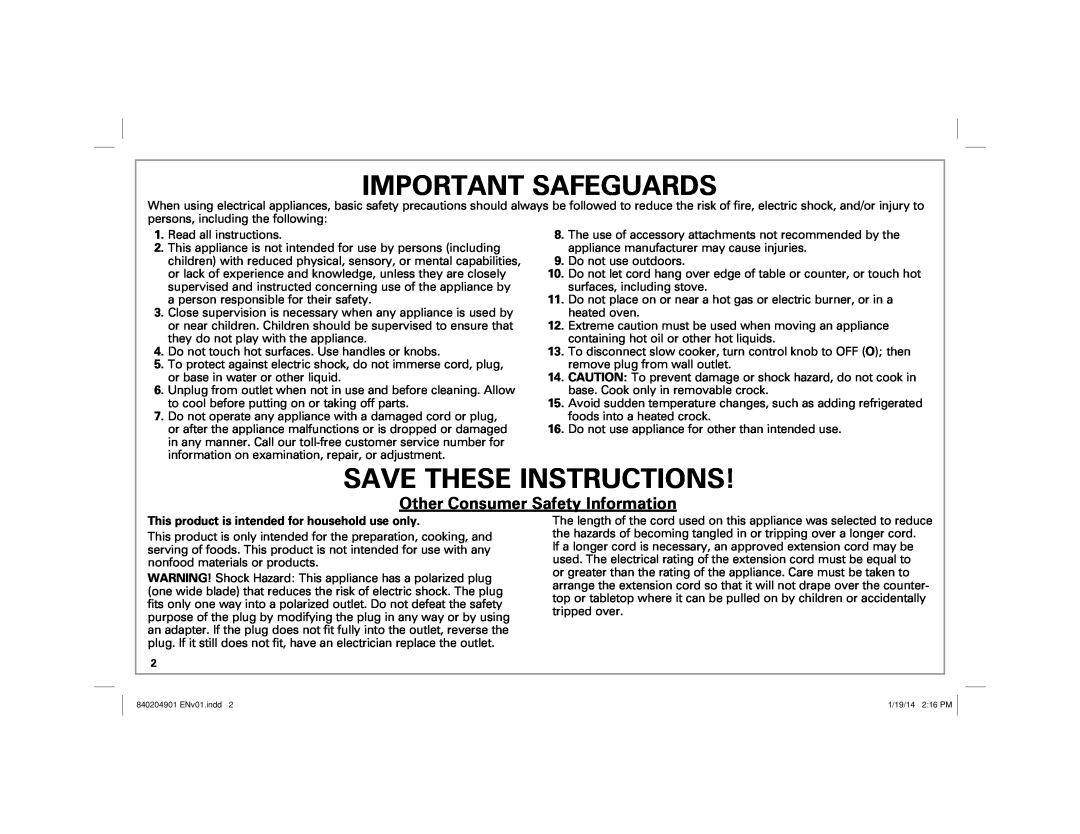 Hamilton Beach 33263, 33354, 33264, 33245 Important Safeguards, Save These Instructions, Other Consumer Safety Information 