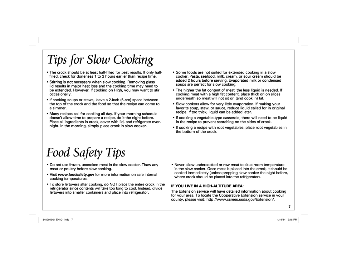 Hamilton Beach 33245, 33354, 33264, 33263 manual Tips for Slow Cooking, Food Safety Tips, If You Live In A High-Altitude Area 