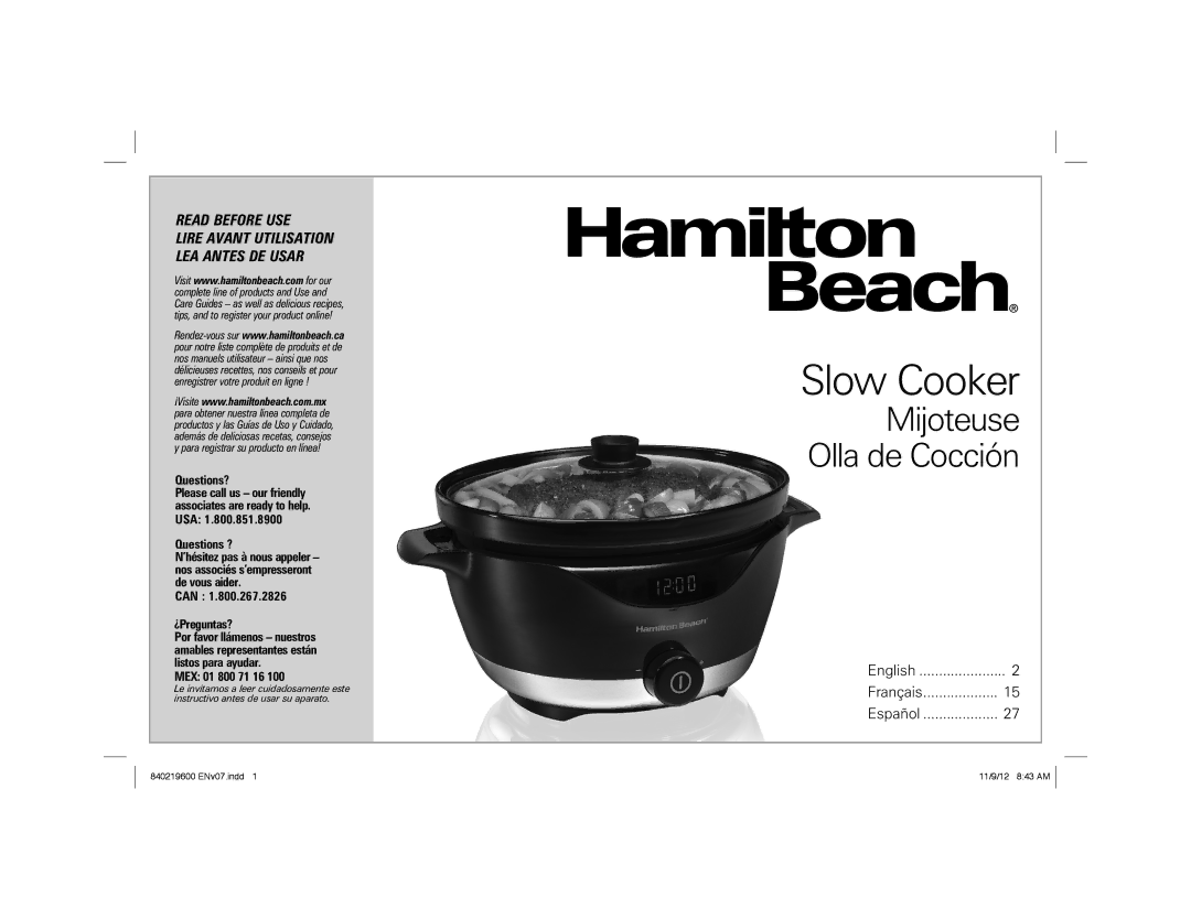 Hamilton Beach 33365 manual Slow Cooker 