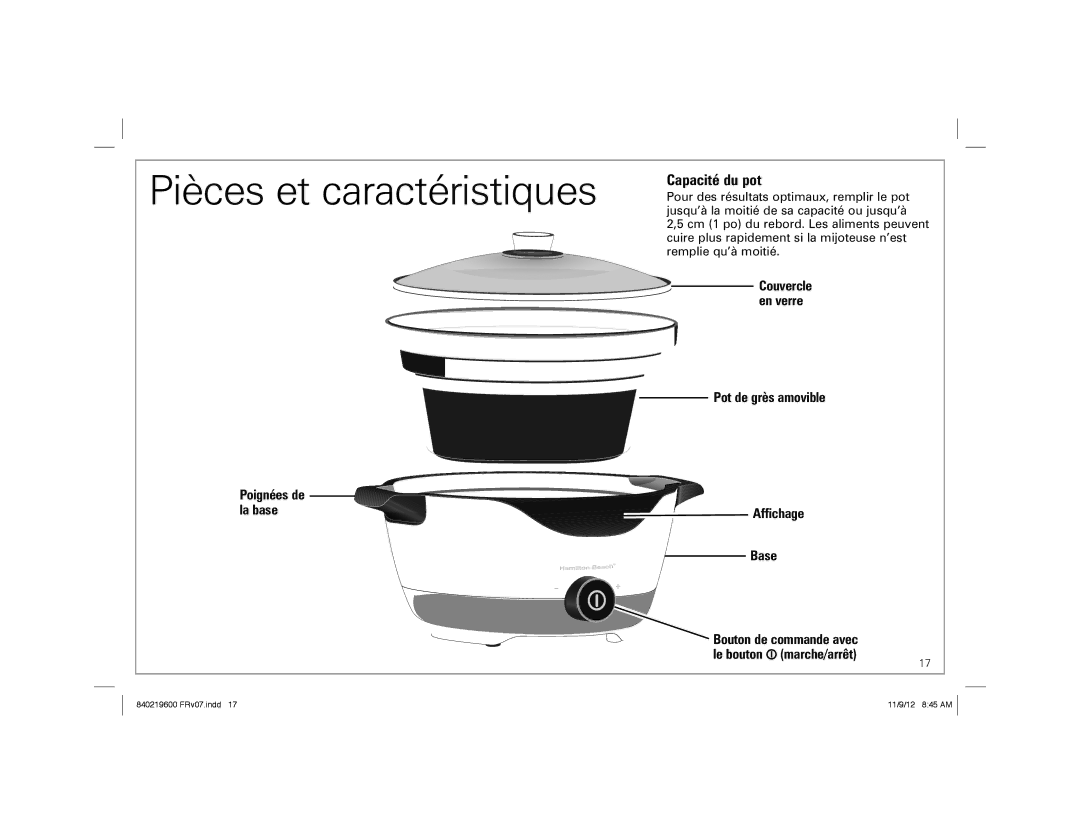 Hamilton Beach 33365 manual Pièces et caractéristiques, Capacité du pot, Couvercle en verre 