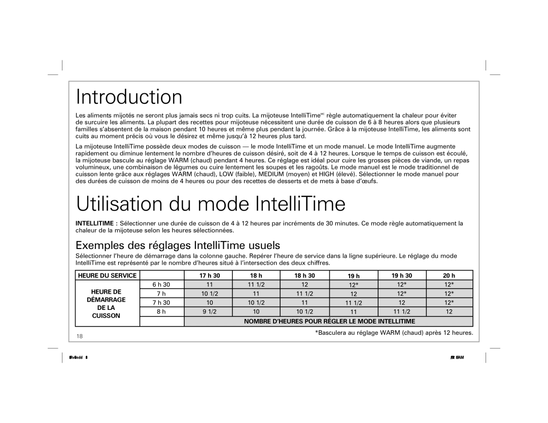 Hamilton Beach 33365 manual Utilisation du mode IntelliTime, 17 h 18 h, 19 h 20 h 