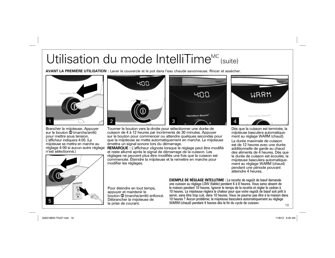 Hamilton Beach 33365 manual Utilisation du mode IntelliTimeMC suite 