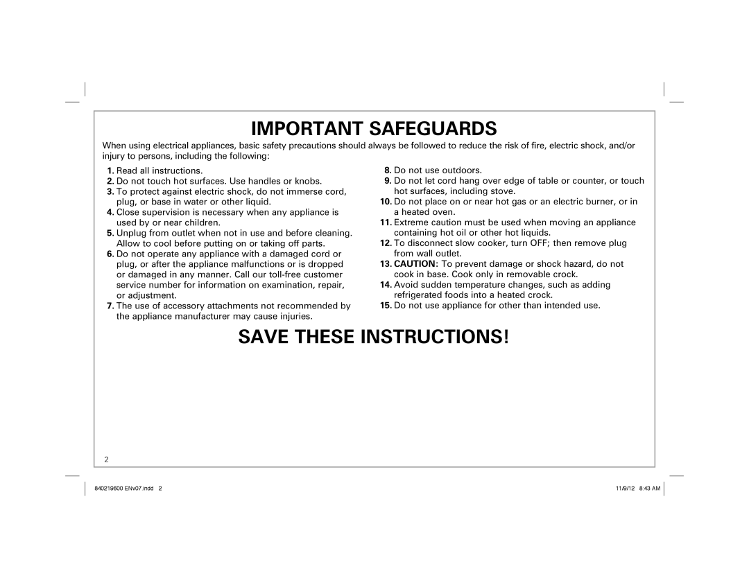 Hamilton Beach 33365 manual Important Safeguards 