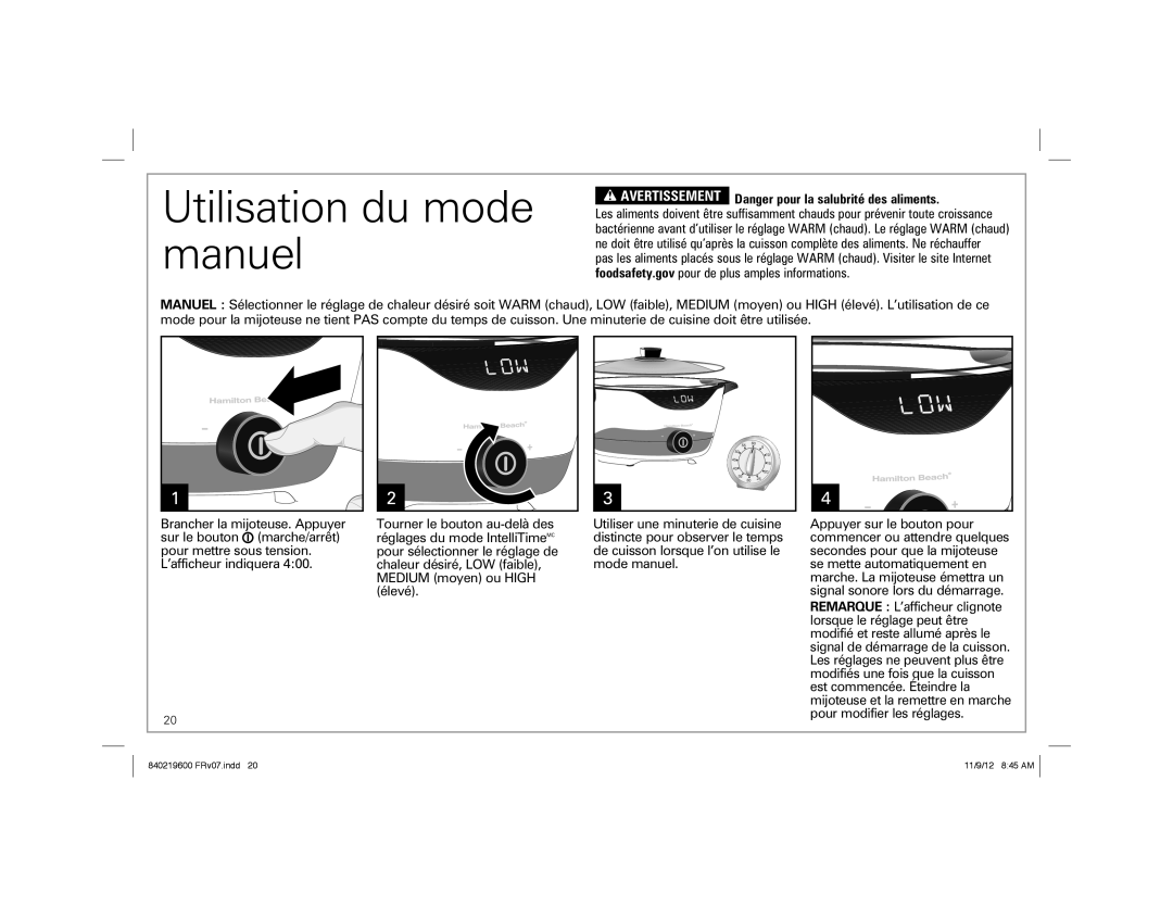 Hamilton Beach 33365 manual Utilisation du mode manuel, Avertissement Danger pour la salubrité des aliments 