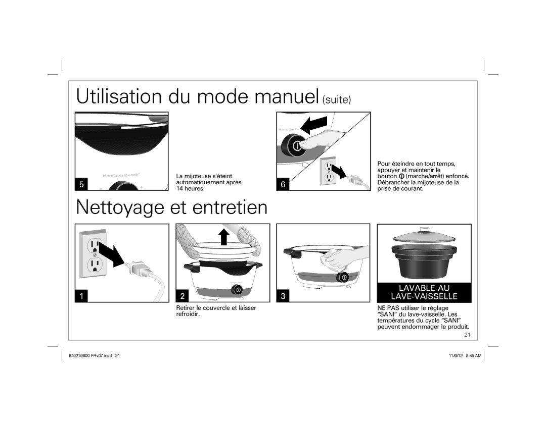 Hamilton Beach 33365 manual Utilisation du mode manuel suite, Nettoyage et entretien 