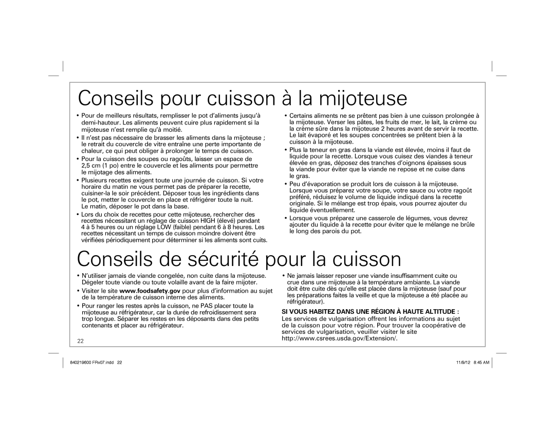 Hamilton Beach 33365 manual Conseils pour cuisson à la mijoteuse, Conseils de sécurité pour la cuisson 