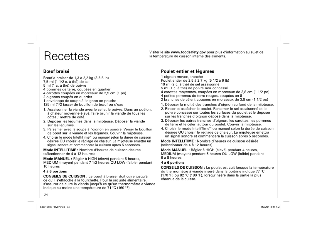 Hamilton Beach 33365 manual Recettes, Bœuf braisé Poulet entier et légumes, portions 