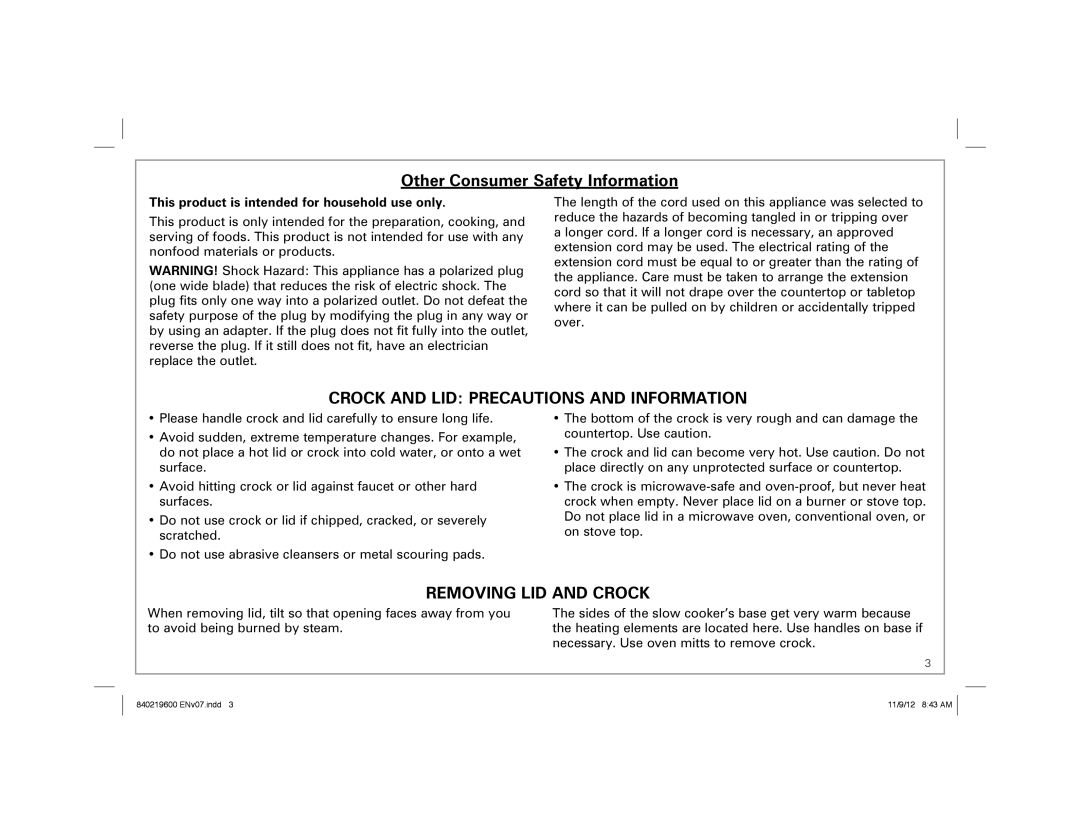 Hamilton Beach 33365 manual Crock and LID Precautions and Information 