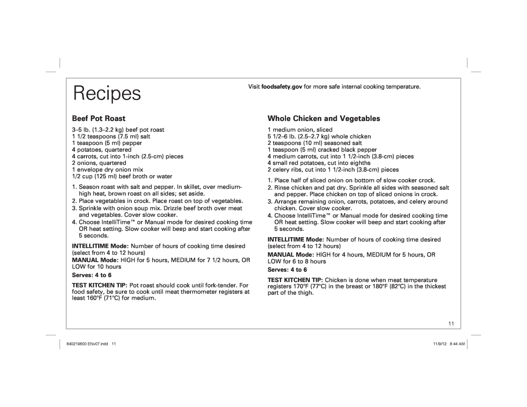 Hamilton Beach 33365 manual Recipes, Beef Pot Roast, Whole Chicken and Vegetables 
