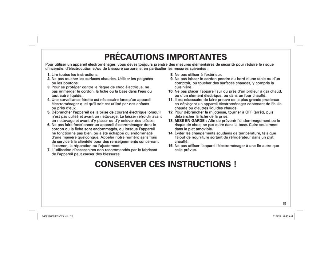 Hamilton Beach 33365 manual Précautions Importantes, Conserver Ces Instructions 