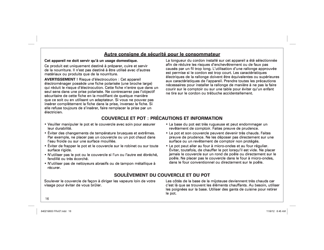 Hamilton Beach 33365 manual Autre consigne de sécurité pour le consommateur, Couvercle Et Pot Précautions Et Information 