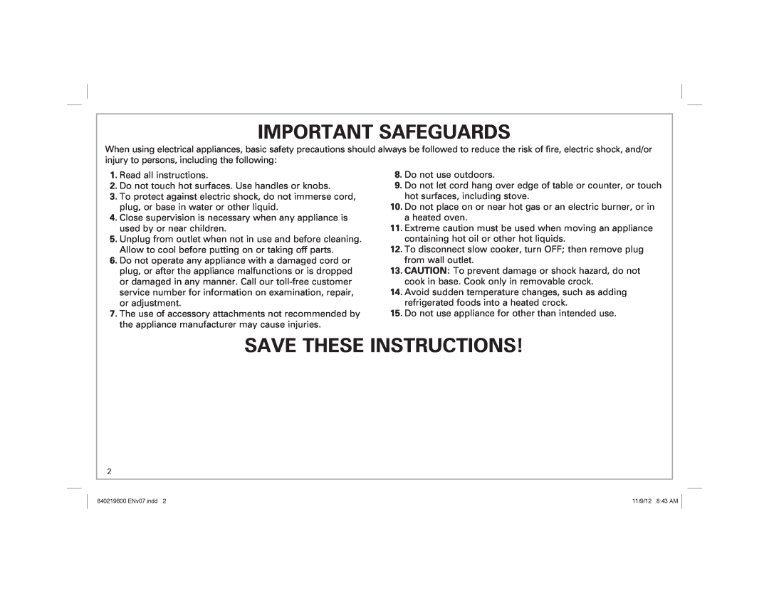 Hamilton Beach 33365 manual Important Safeguards, Save These Instructions 