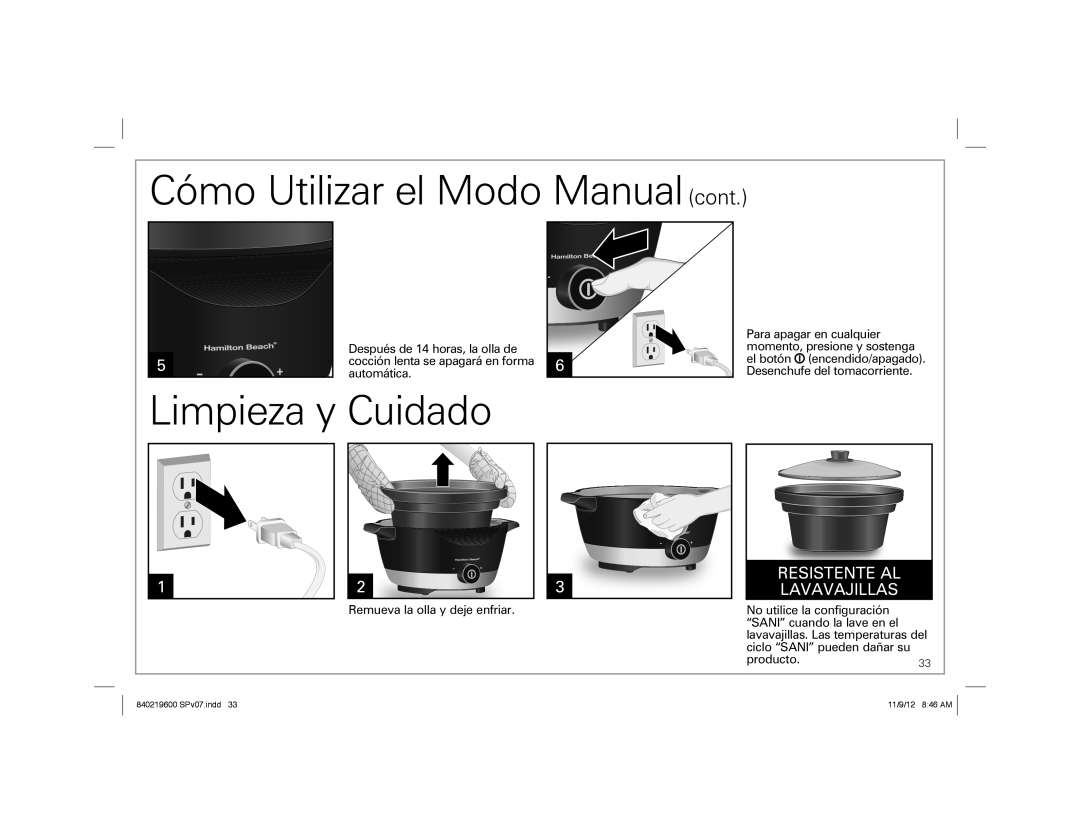 Hamilton Beach 33365 manual Cómo Utilizar el Modo Manual cont, Limpieza y Cuidado, Resistente Al Lavavajillas 
