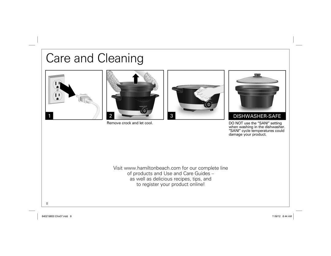 Hamilton Beach 33365 manual Care and Cleaning, Dishwasher-Safe, 840219600 ENv07.indd, 11/9/12 8 44 AM 