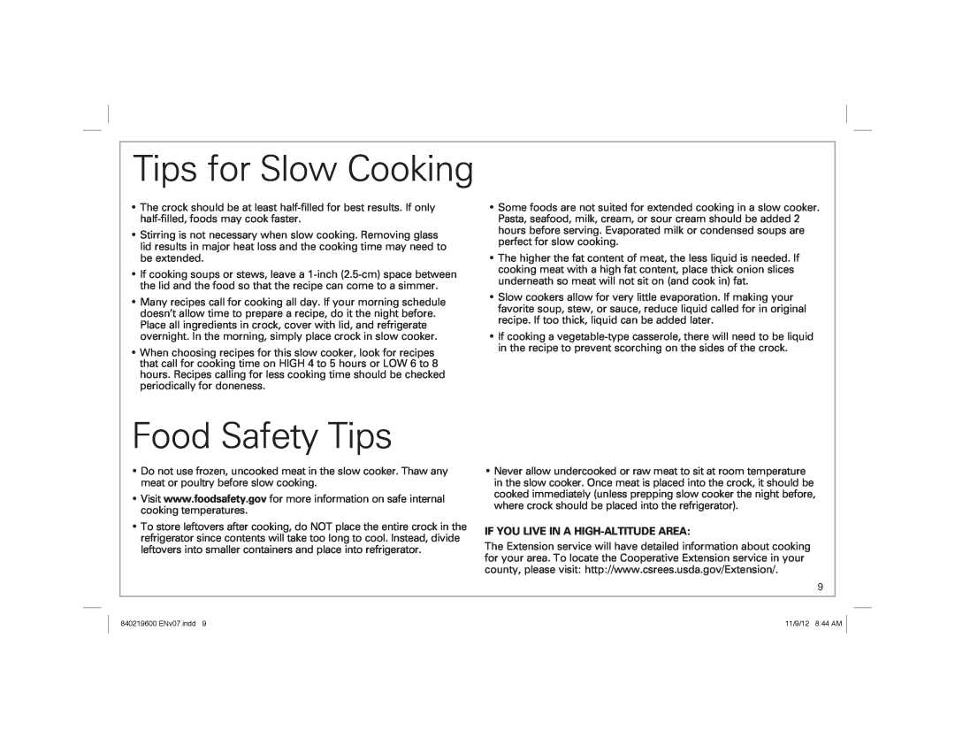 Hamilton Beach 33365 manual Tips for Slow Cooking, Food Safety Tips, If You Live In A High-Altitudearea 