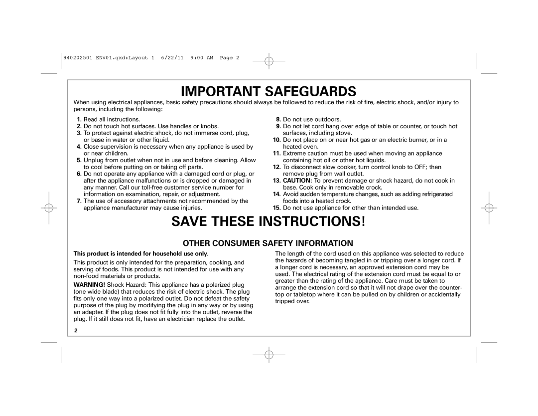 Hamilton Beach 33472, 33461 manual Important Safeguards, This product is intended for household use only 