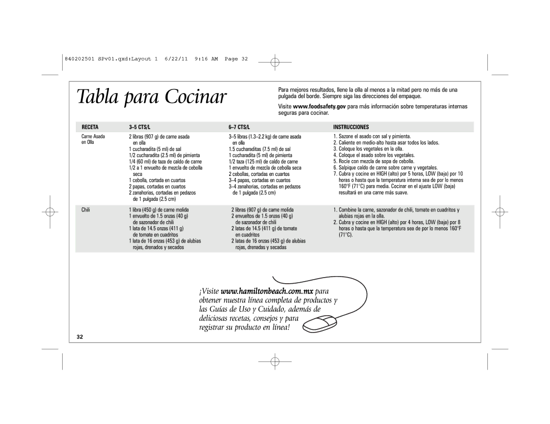 Hamilton Beach 33472, 33461 manual Tabla para Cocinar, Instrucciones 