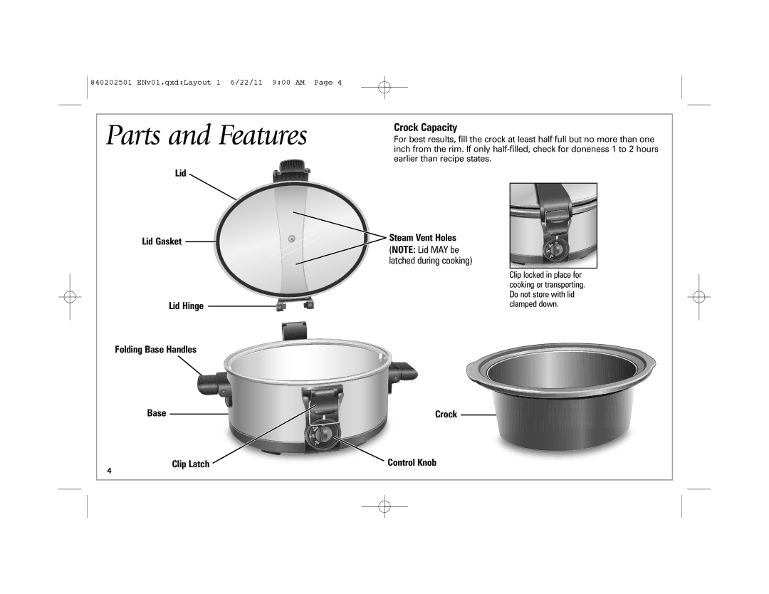 Hamilton Beach 33472, 33461 manual Parts and Features, Crock Capacity 