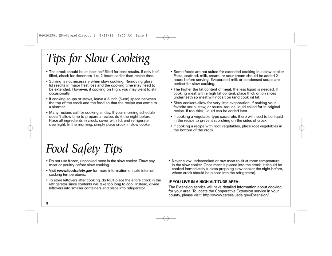 Hamilton Beach 33472, 33461 manual Tips for Slow Cooking, Food Safety Tips 