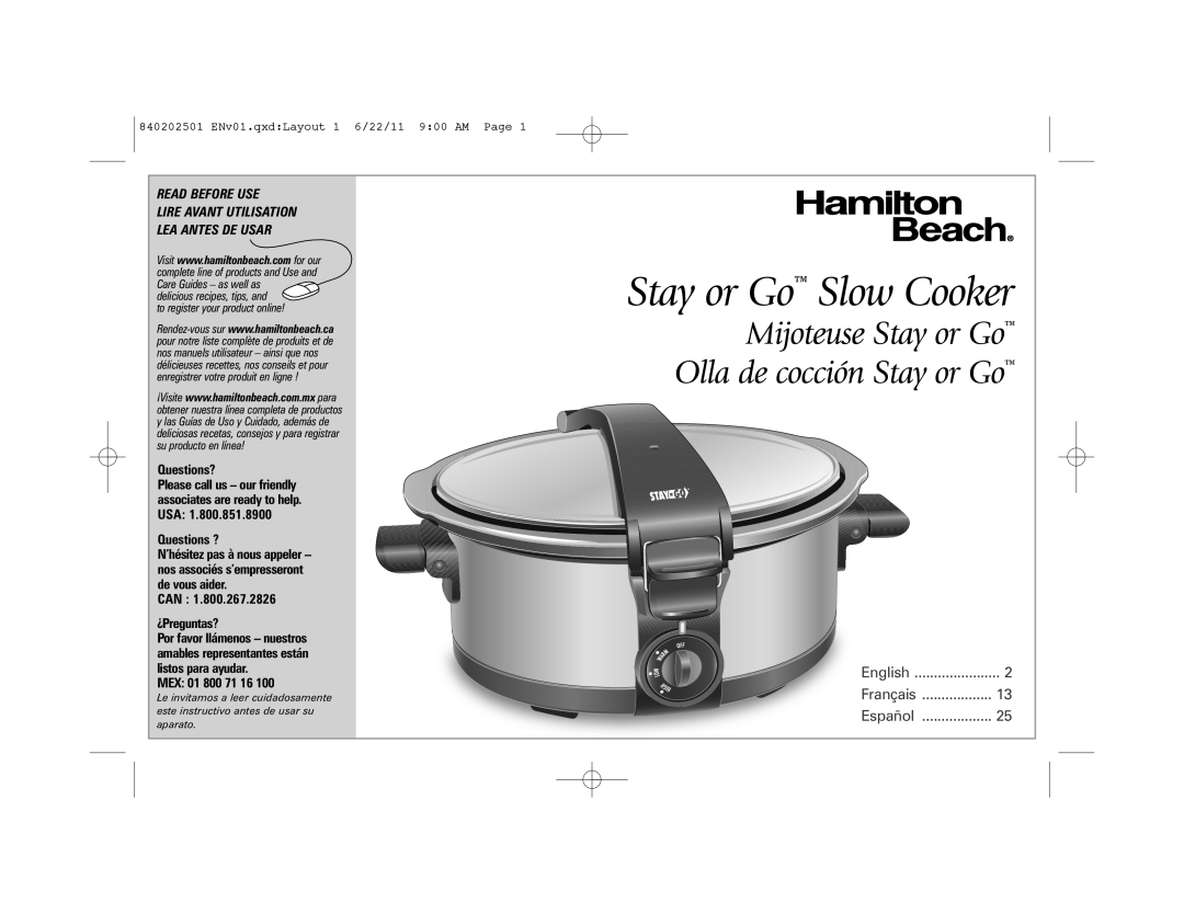 Hamilton Beach 33461 manual Stay or Go Slow Cooker, Mijoteuse Stay or Go Olla de cocción Stay or Go, Read Before Use 