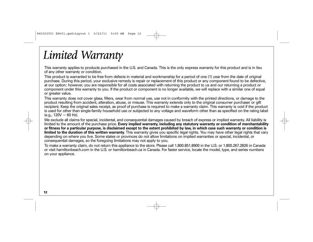Hamilton Beach 33472, 33461 manual Limited Warranty 
