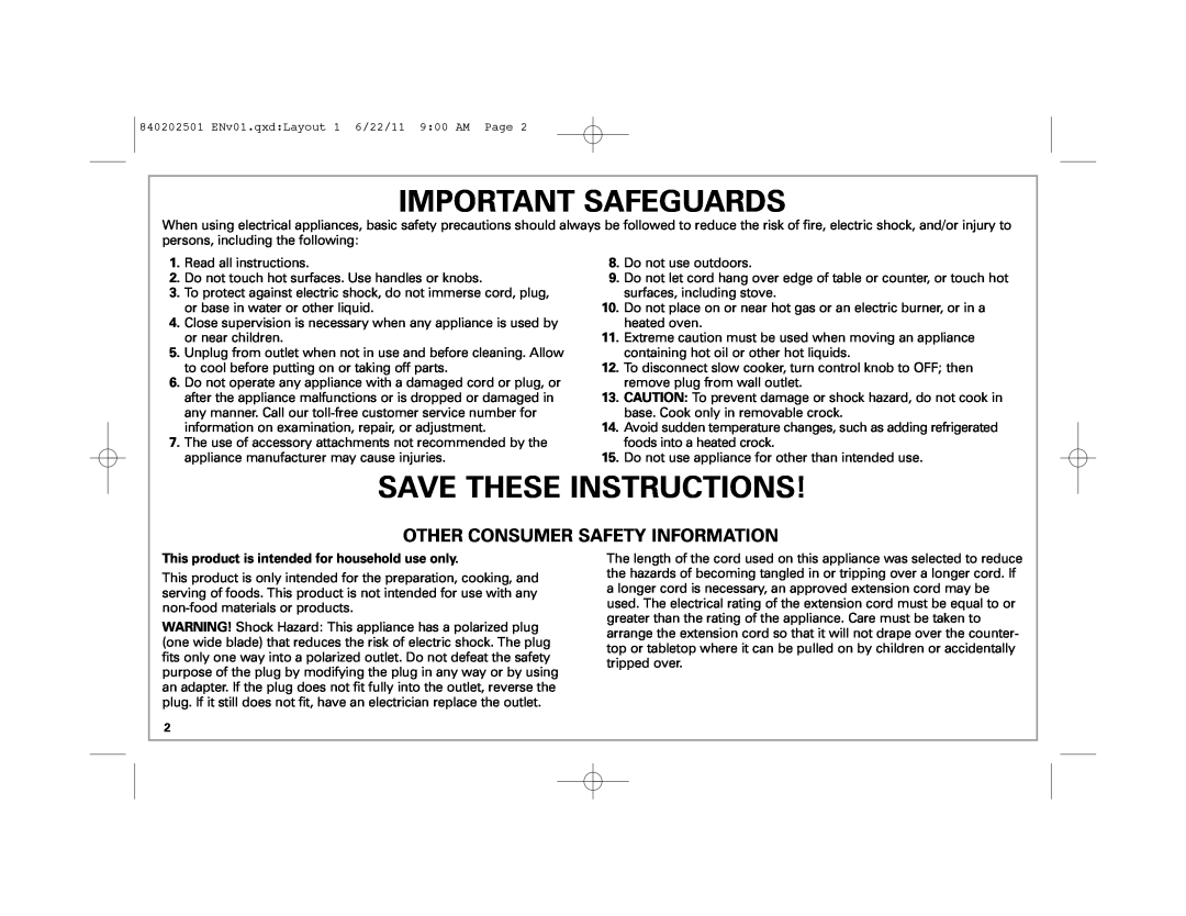 Hamilton Beach 33472, 33461 manual Important Safeguards, Save These Instructions, Other Consumer Safety Information 