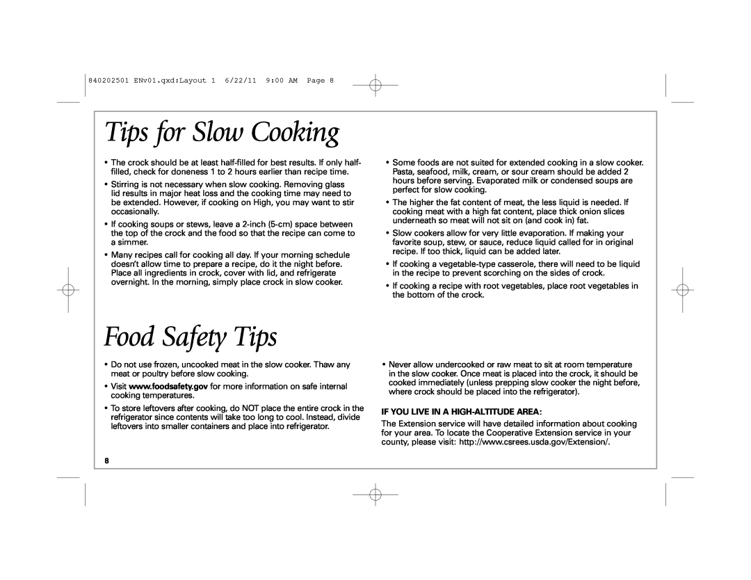 Hamilton Beach 33472, 33461 manual Tips for Slow Cooking, Food Safety Tips, If You Live In A High-Altitude Area 