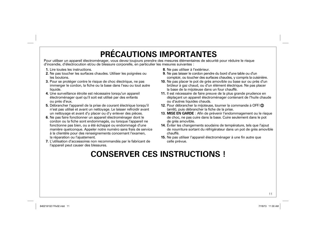 Hamilton Beach 33453, 33473, 33463 manual Précautions Importantes 