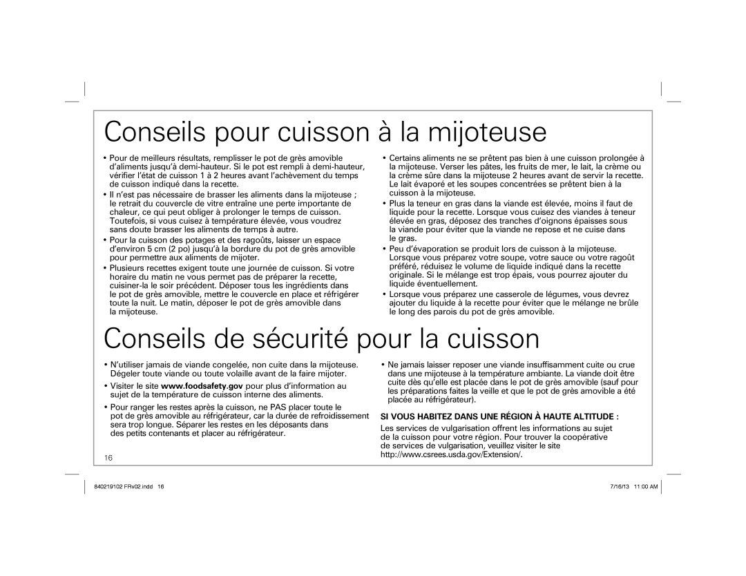 Hamilton Beach 33463, 33473, 33453 manual Conseils pour cuisson à la mijoteuse, Conseils de sécurité pour la cuisson 