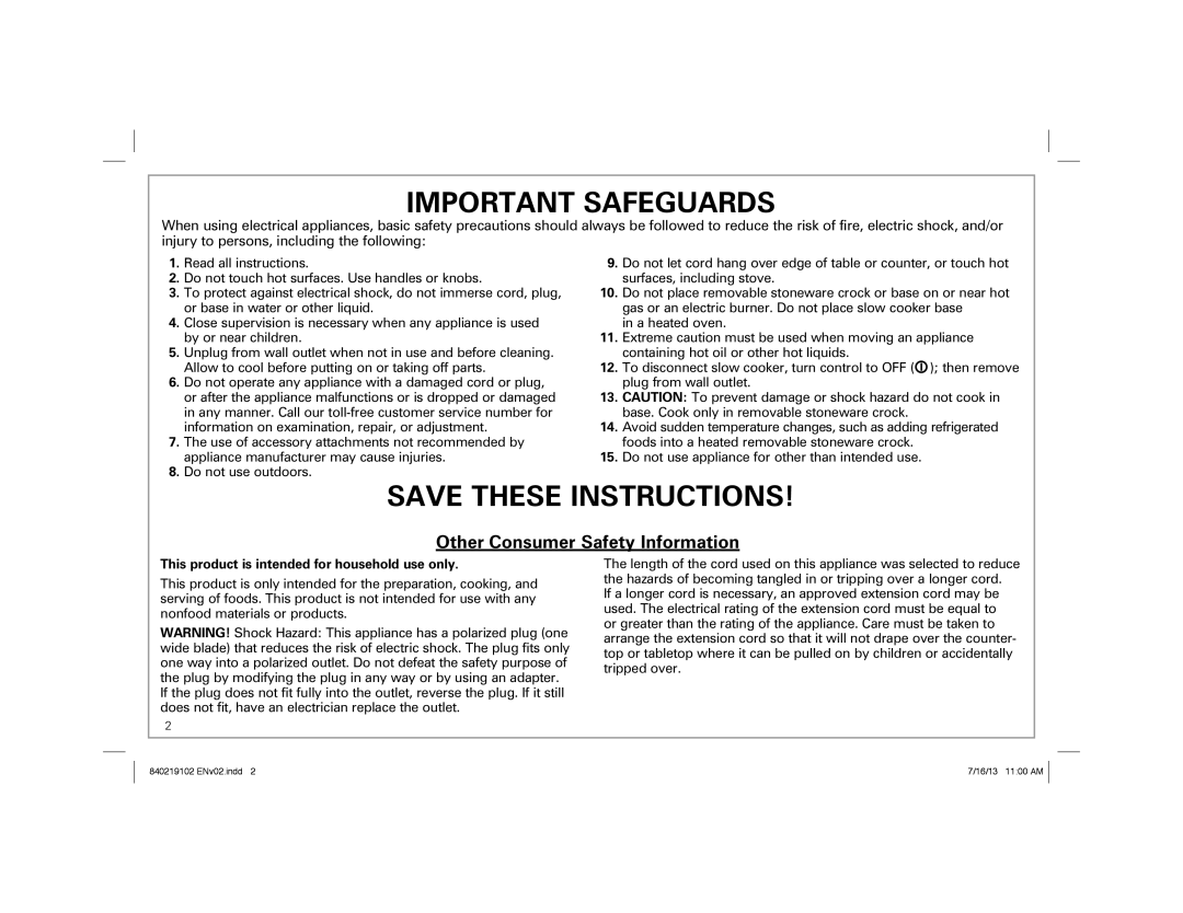 Hamilton Beach 33453, 33473, 33463 manual Important Safeguards, This product is intended for household use only 