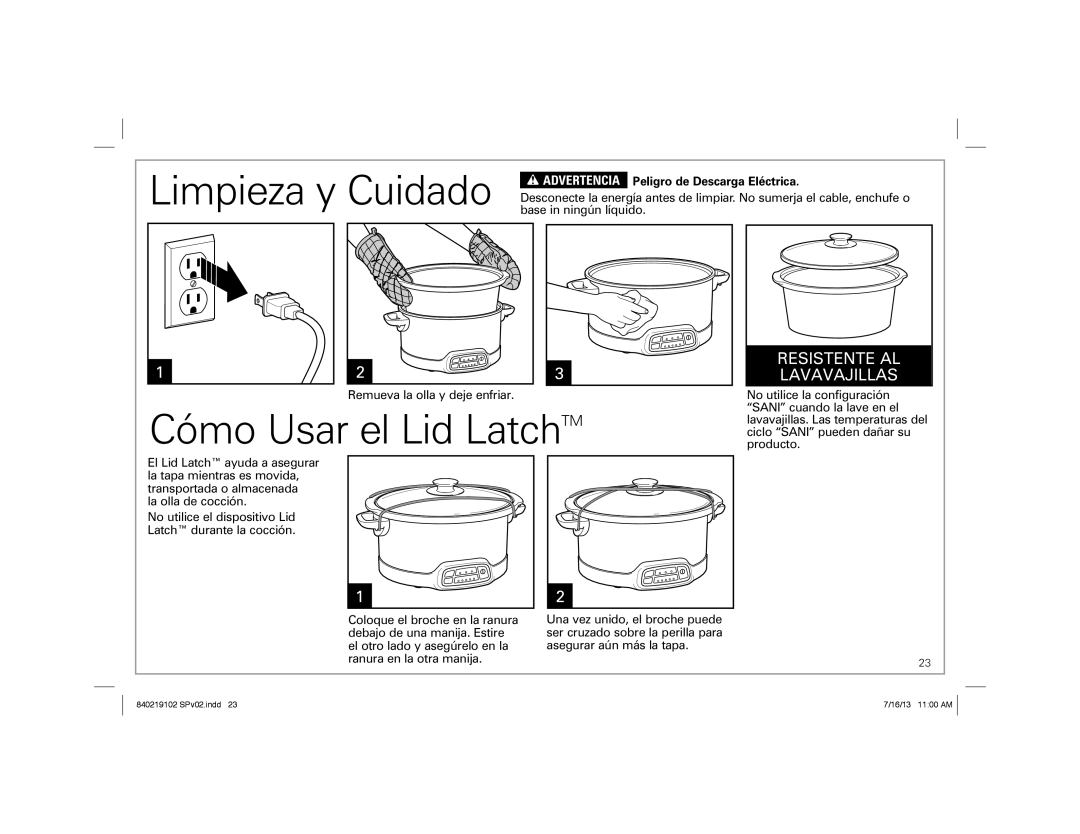 Hamilton Beach 33453, 33473, 33463 Limpieza y Cuidado, Cómo Usar el Lid LatchTM, Advertencia Peligro de Descarga Eléctrica 