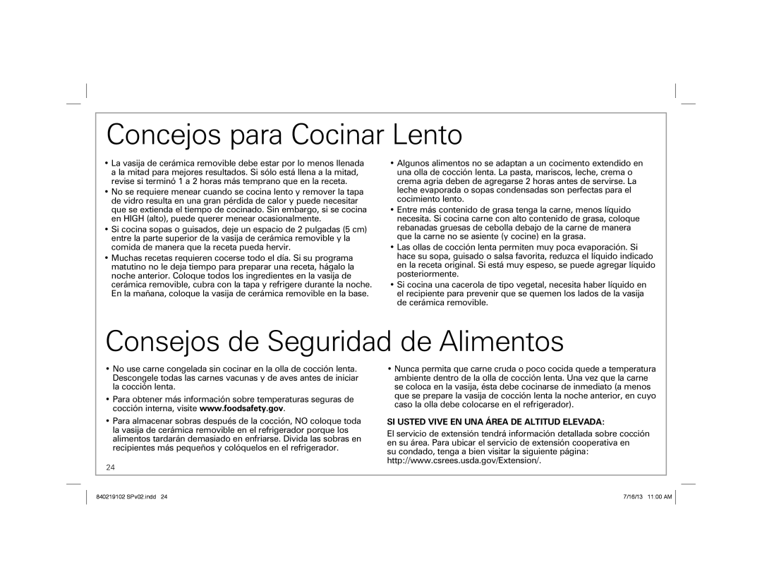 Hamilton Beach 33473, 33463, 33453 manual Concejos para Cocinar Lento, Consejos de Seguridad de Alimentos 