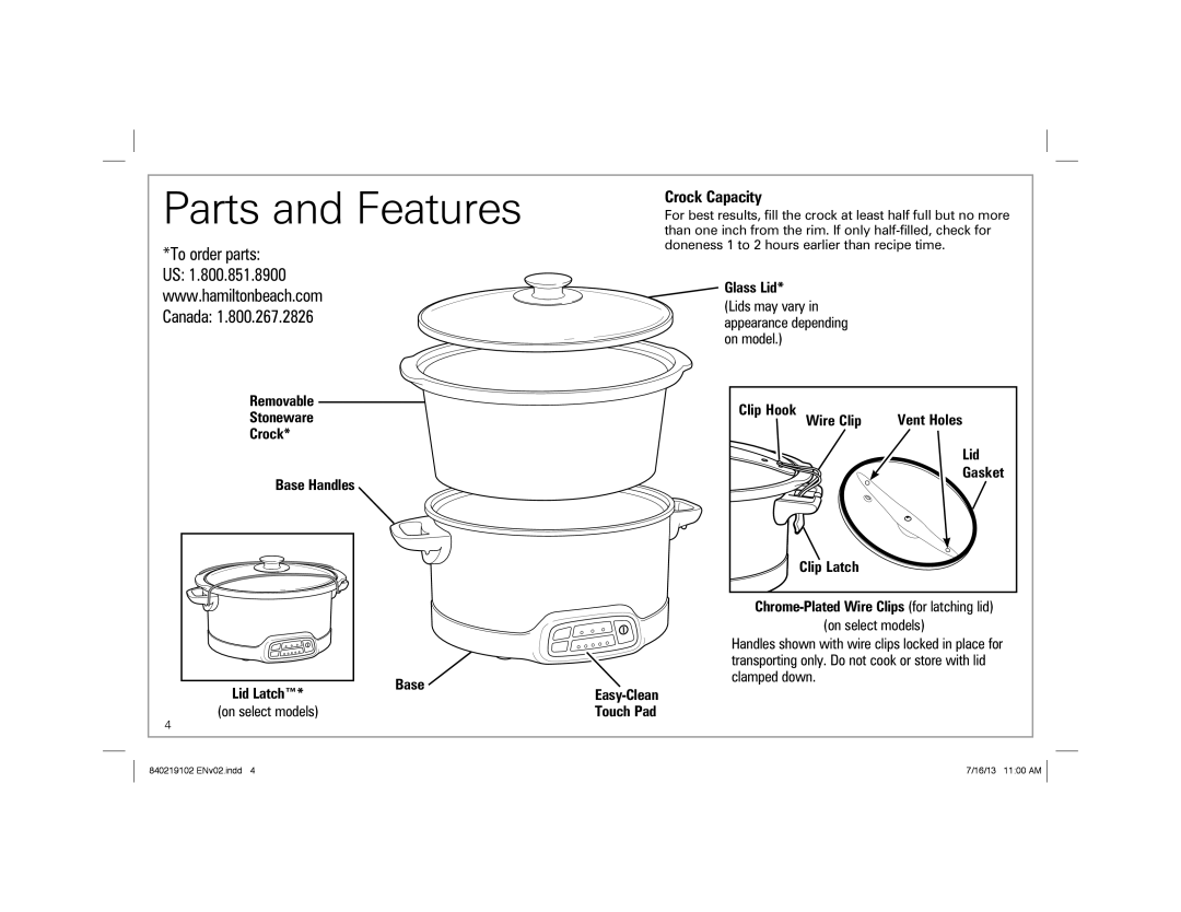 Hamilton Beach 33463, 33473, 33453 manual Parts and Features 