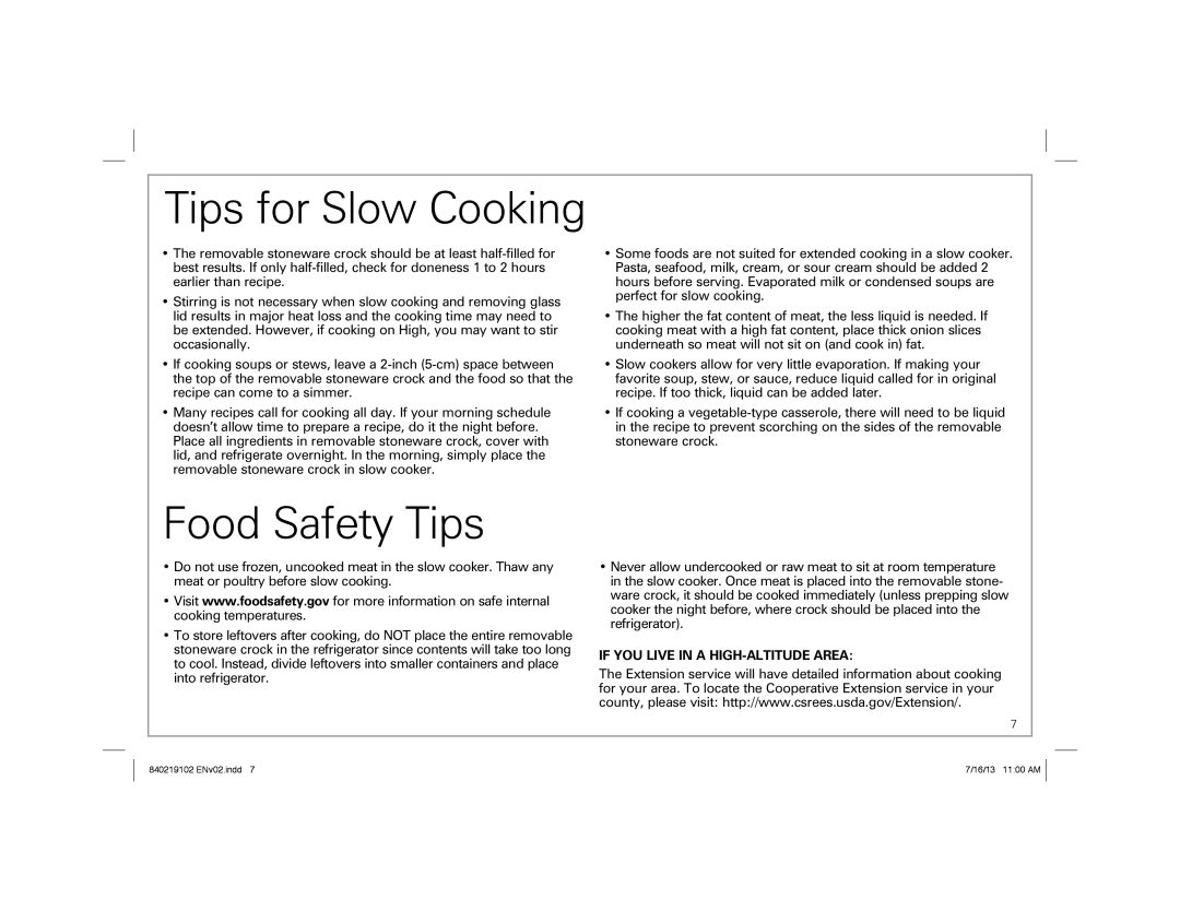 Hamilton Beach 33463, 33473, 33453 manual Tips for Slow Cooking, Food Safety Tips 