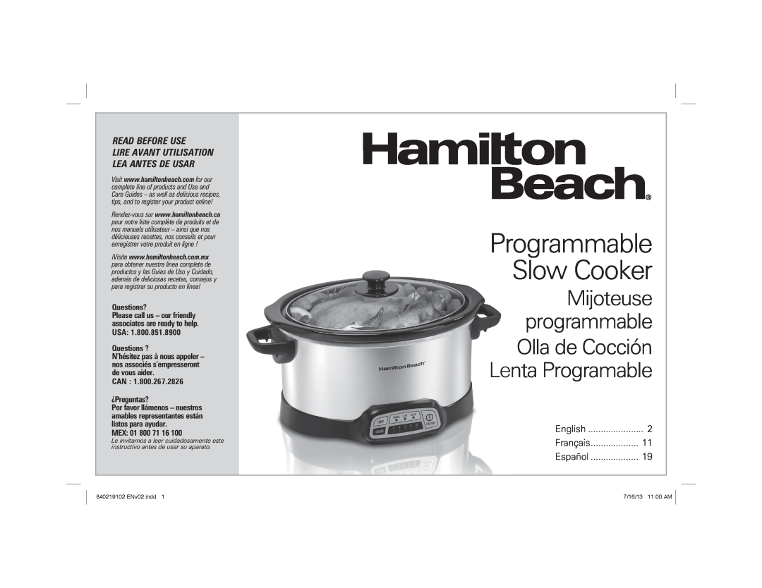 Hamilton Beach 33463 manual Programmable Slow Cooker, Mijoteuse programmable Olla de Cocción Lenta Programable, Questions? 