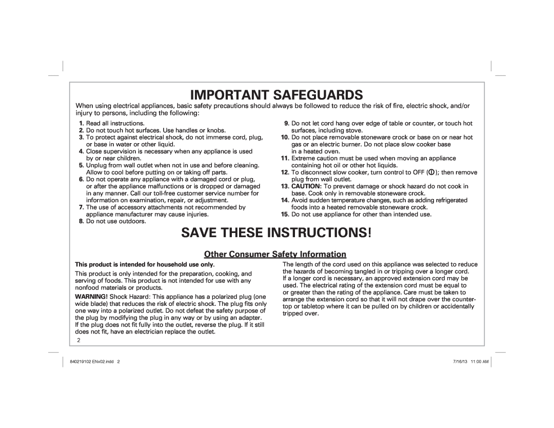 Hamilton Beach 33453, 33473, 33463 manual Other Consumer Safety Information, Important Safeguards, Save These Instructions 
