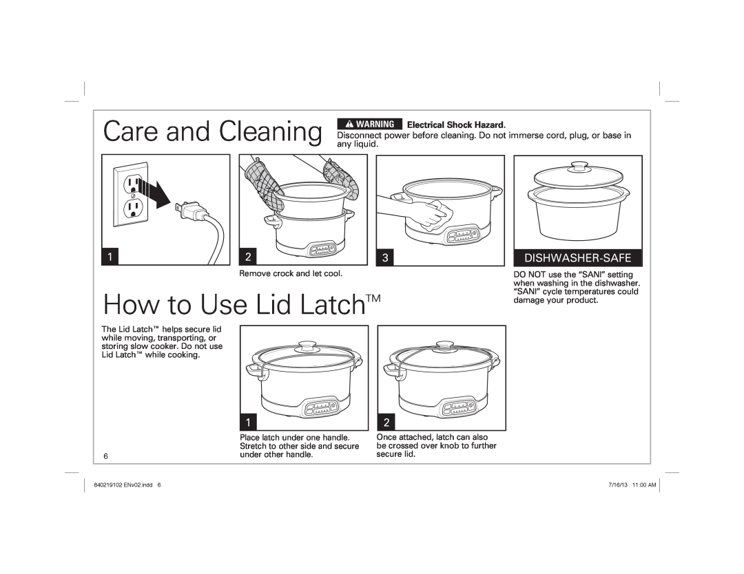 Hamilton Beach 33473, 33463 How to Use Lid LatchTM, Dishwasher-Safe, Care and Cleaning w WARNING Electrical Shock Hazard 