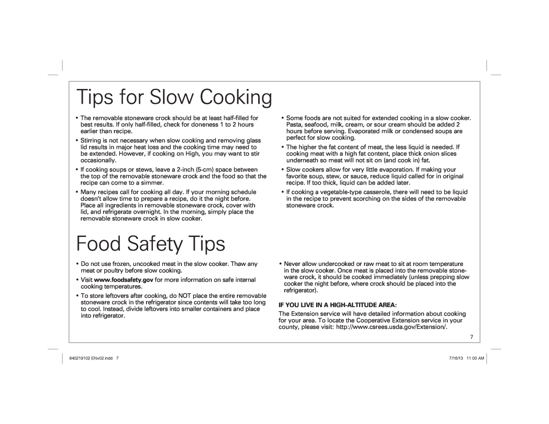 Hamilton Beach 33463, 33473, 33453 manual Tips for Slow Cooking, Food Safety Tips, If You Live In A High-Altitude Area 