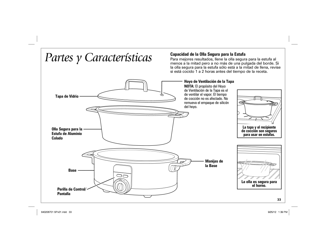 Hamilton Beach 33567T manual Partes y Características, Capacidad de la Olla Segura para la Estufa 