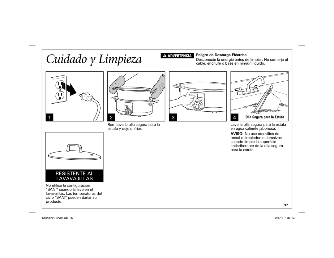 Hamilton Beach 33567T manual Cuidado y Limpieza, Peligro de Descarga Eléctrica, Olla Segura para la Estufa 