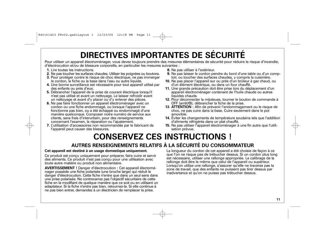 Hamilton Beach 33957 manual Directives Importantes DE Sécurité 