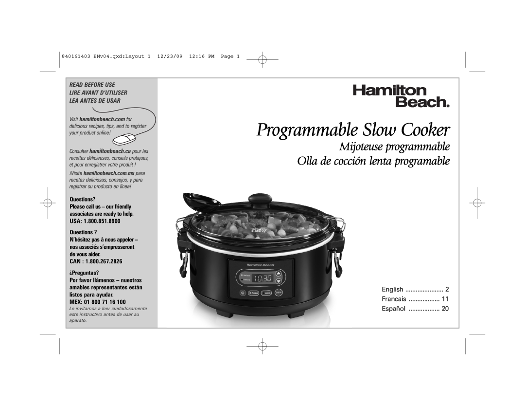 Hamilton Beach 33957 manual Programmable Slow Cooker, Mijoteuse programmable Olla de cocción lenta programable, Questions? 