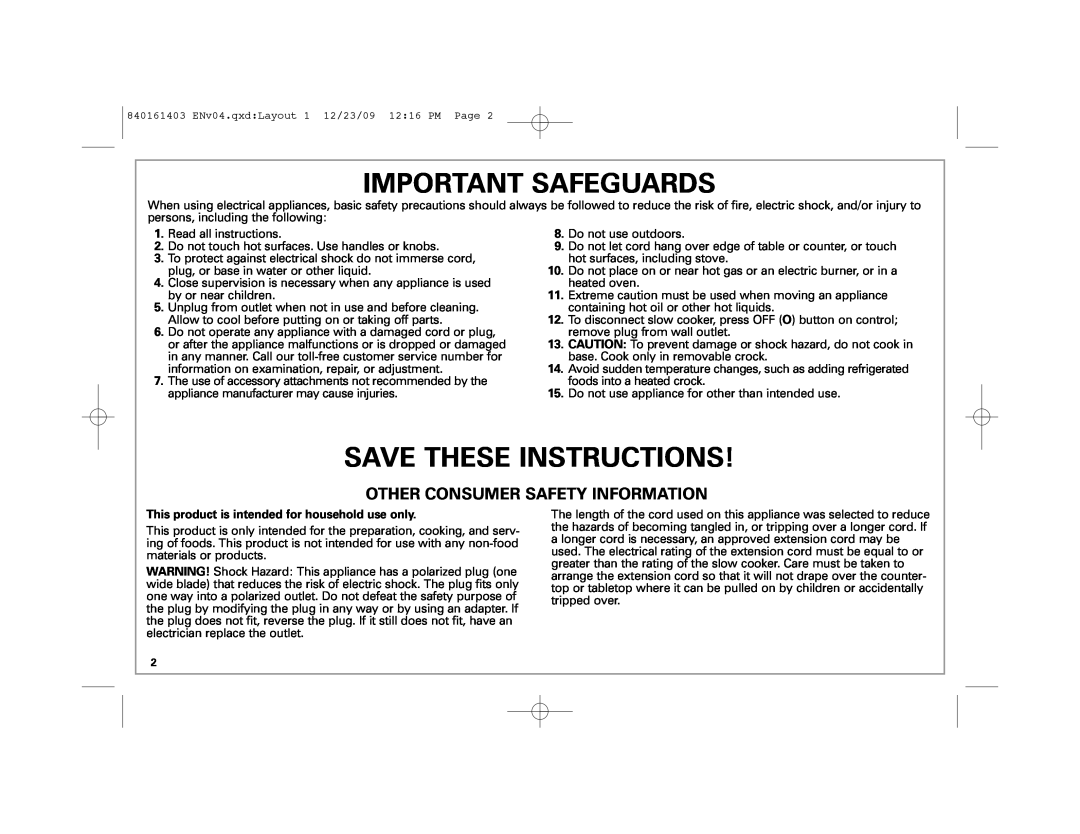 Hamilton Beach 33957 manual Important Safeguards, Save These Instructions, Other Consumer Safety Information 