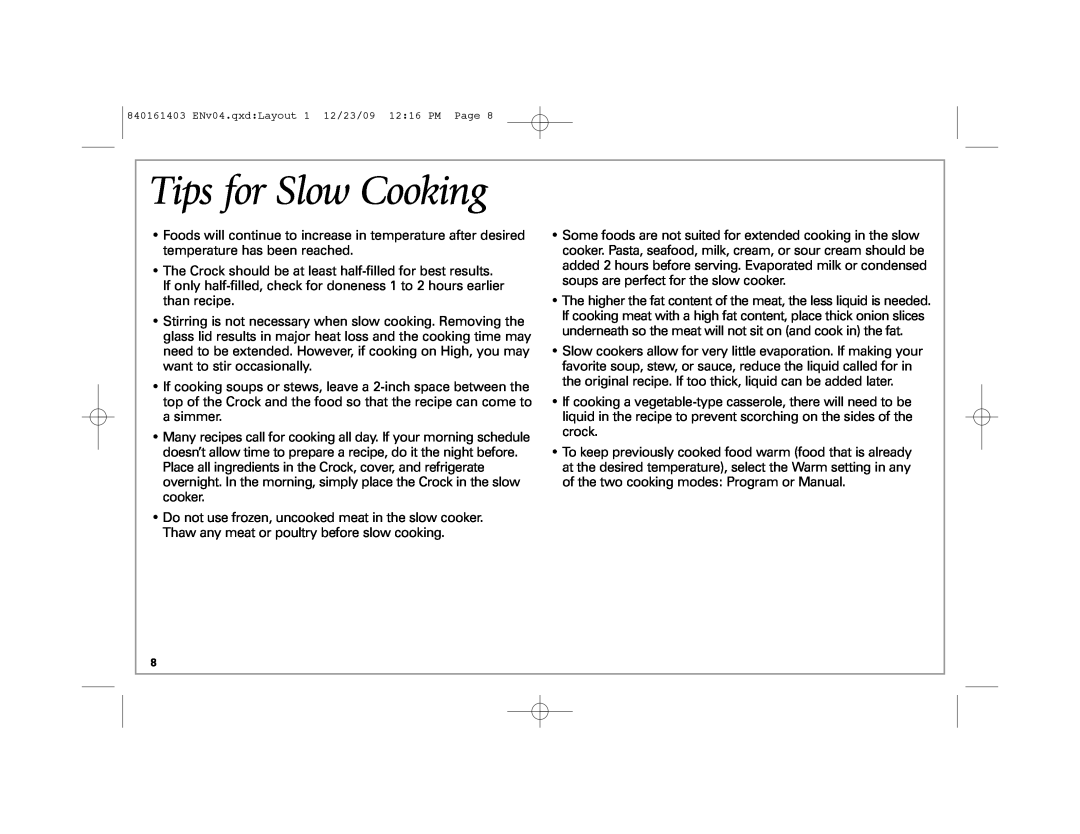 Hamilton Beach 33957 manual Tips for Slow Cooking 