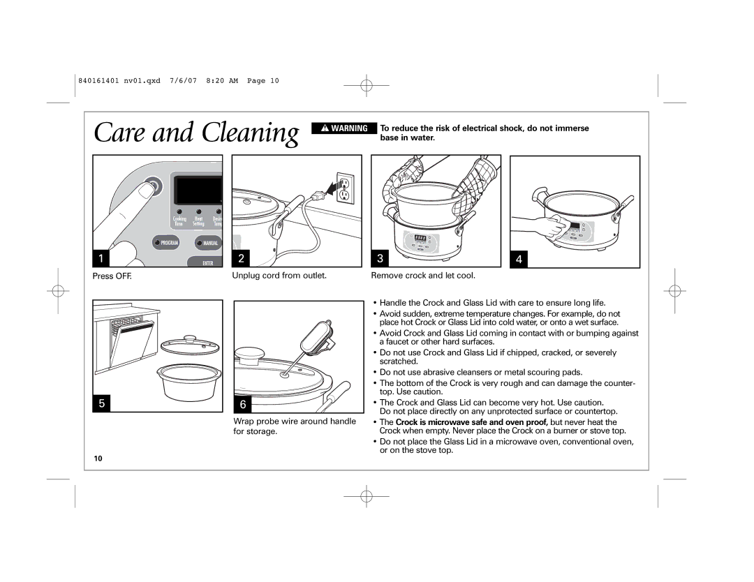 Hamilton Beach 33967C manual Base in water, Wrap probe wire around handle for storage 