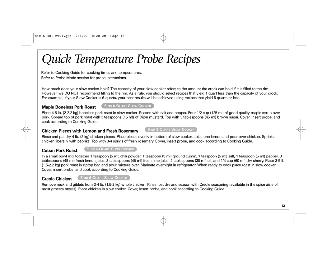 Hamilton Beach 33967C manual Quick Temperature Probe Recipes, Maple Boneless Pork Roast 